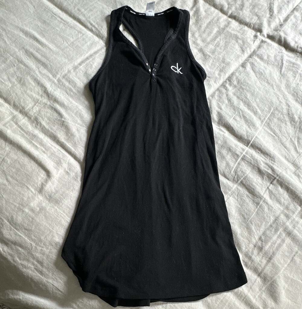 Calvin Klein CK Sleepwear Black Ribbed Knit Racerback Tank Dress V-Neck Size S